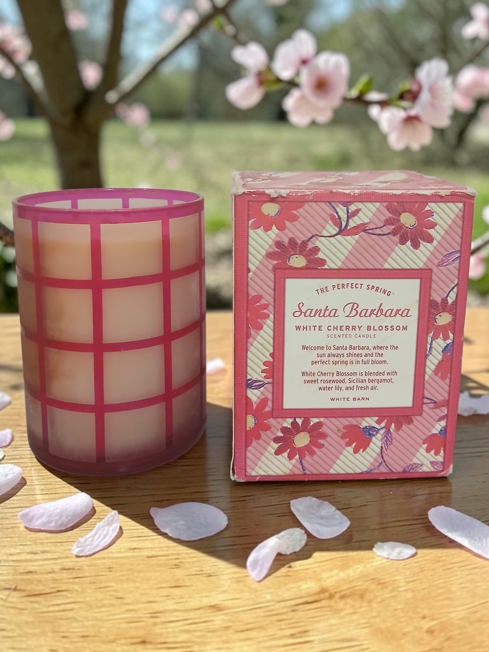 White Barn Santa Barbara White Cherry Blossom Candle in Pink Grid Glass
